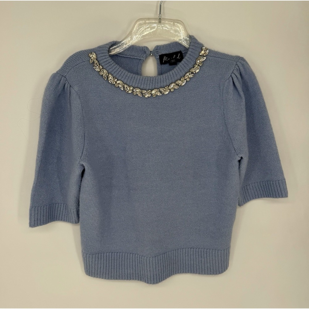 Marled Periwinkle Blue Short Sleeve Jewel Crewneck Sweater Small